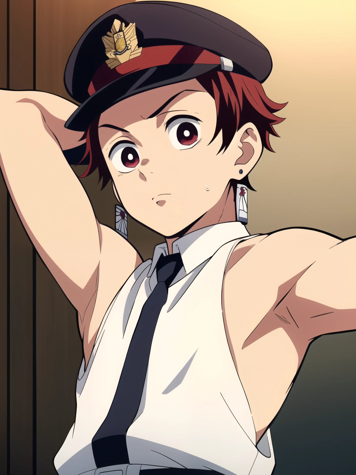 Highres, Masterpiece, Best quality at best,Best Quality,hight quality, hight detailed, Anime screencap style, 1boy, Shota, , Solo, Tanjiro, earring, Underwear, Shirtless, Bdsm, Ball gag, bondage, bound, restrained, bound wrists, bound arms, Rope, Seen from the front, look at viewer, fear, (very young boy), (very small and short body), 12-year-ol