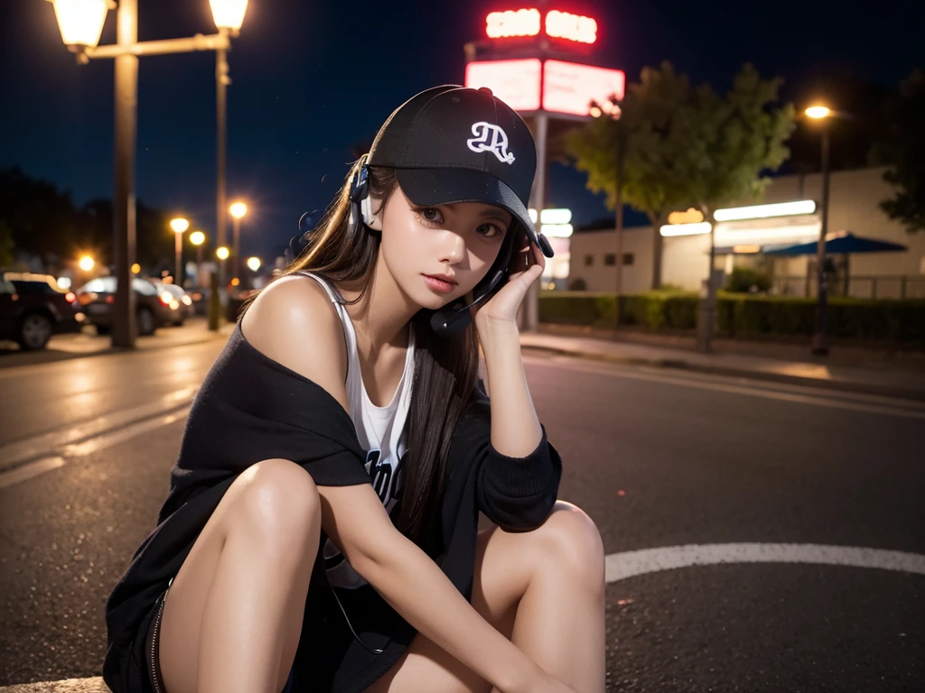 A beautiful girl,night,With a headset,Sitting under the streetlight,With a baseball cap