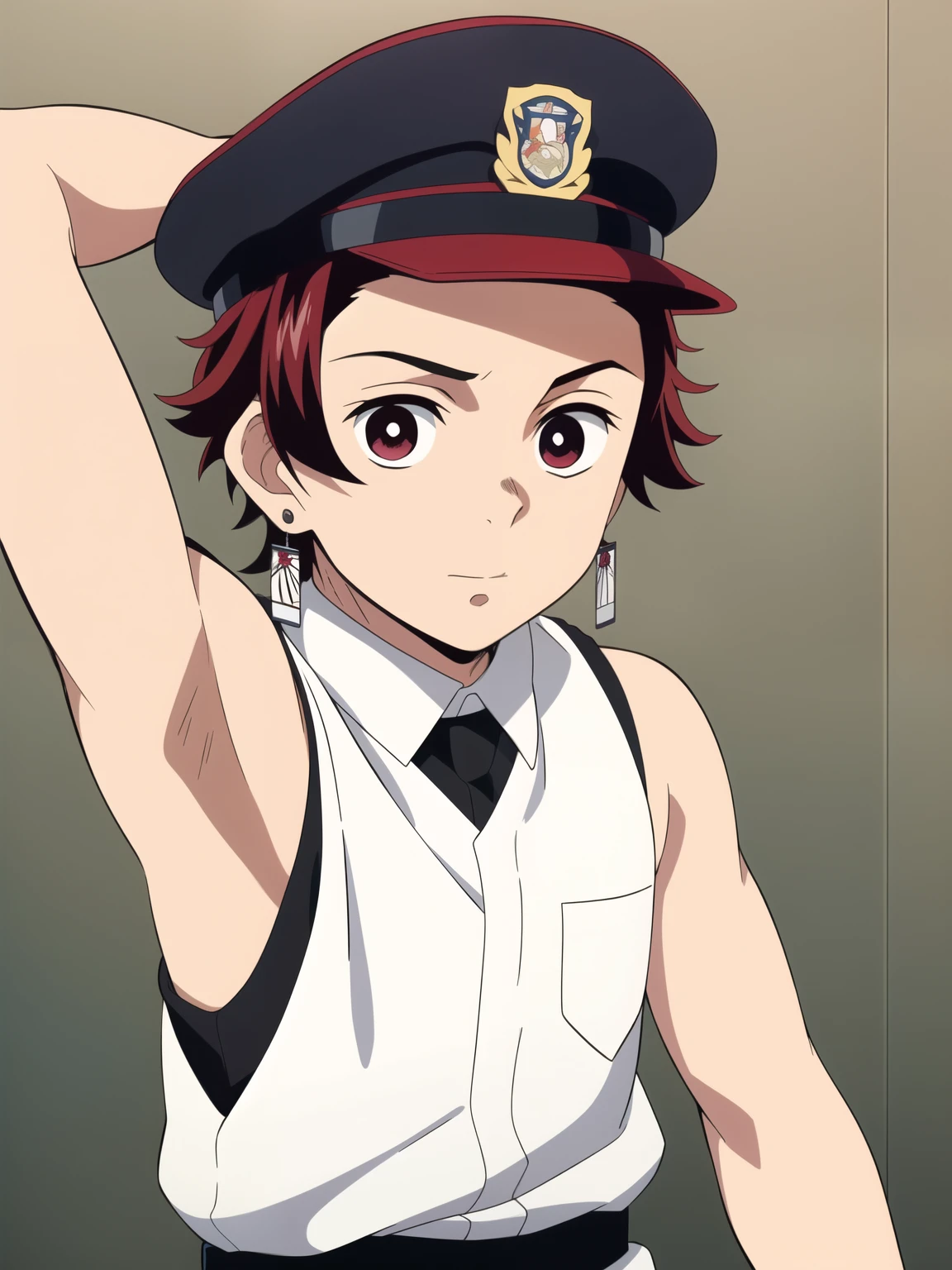 Highres, Masterpiece, Best quality at best,Best Quality,hight quality, hight detailed, Anime style, 1boy, Young boy, Shota, Tanjiro, red hair, earring, Police, Police cap, armband, Sleeveless uniform, Seen from the front, look at viewer, (very young boy), (very small and short body), Age 12, Such a cute smooth armpit, Cute armpit, sexy armpit, The armpits of a 12 year old boy, Adorable little armpits, seductive armpits, showing armpit, hansome boy, Uhd, 4k wallpaper