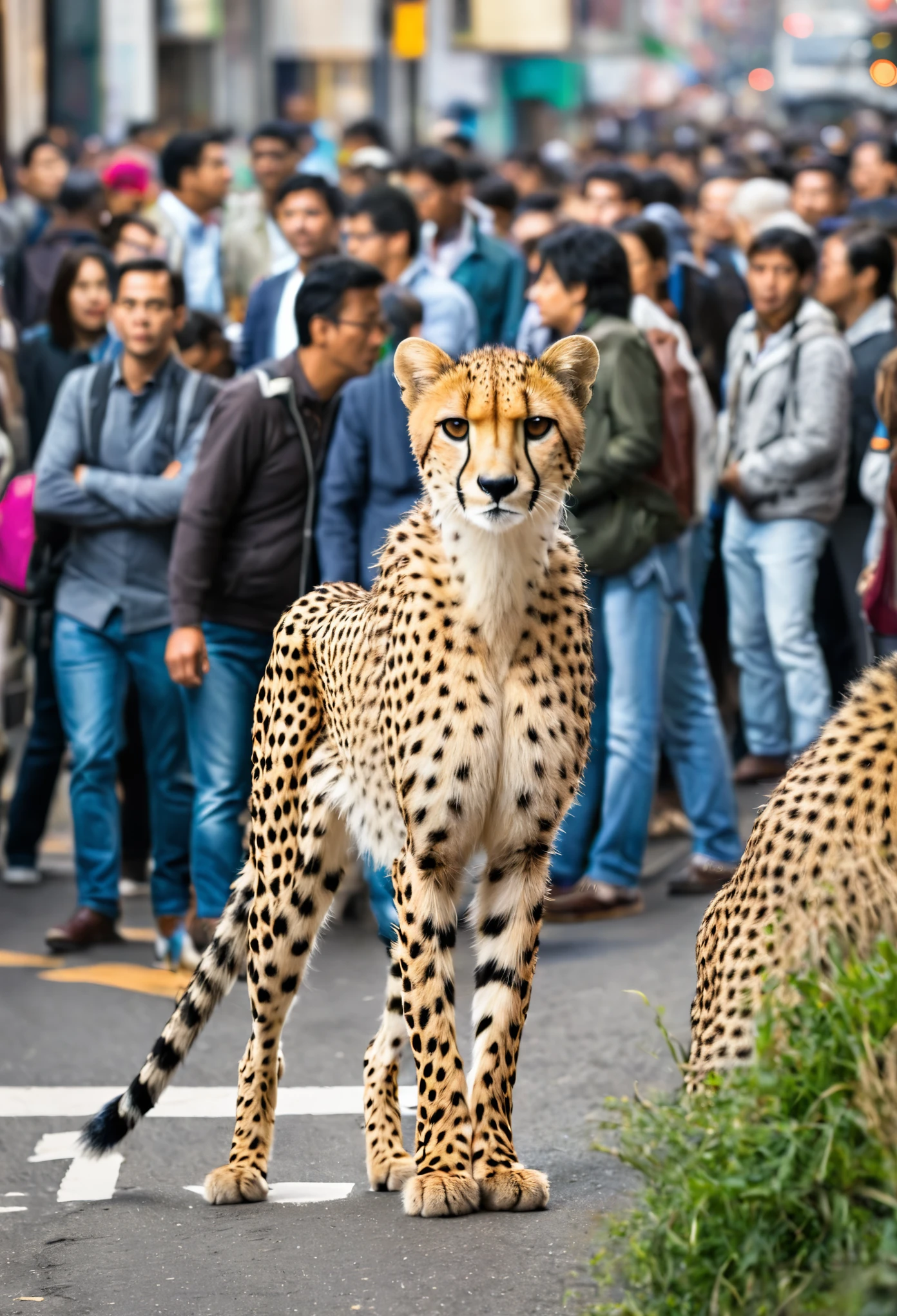 Urban cheetah, standing, crowded, rush hour,