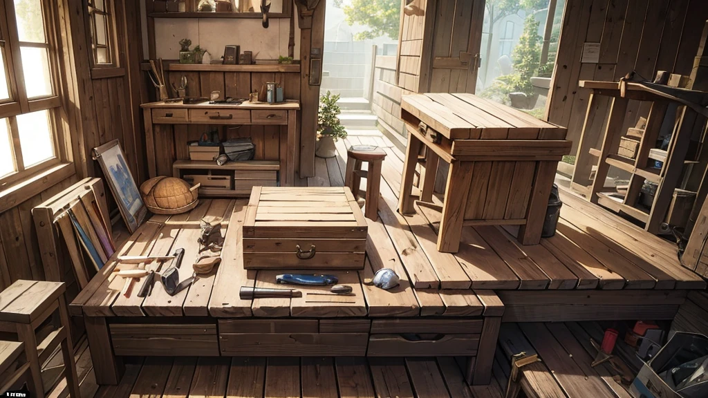 On a stone table were some carpentry tools scattered in an open wooden box. Seen outside the box is a wooden crab, saw,
a hammer and a pair of gloves .Describe this situation from a close distance, emphasizing the shapes , interlacing and space
