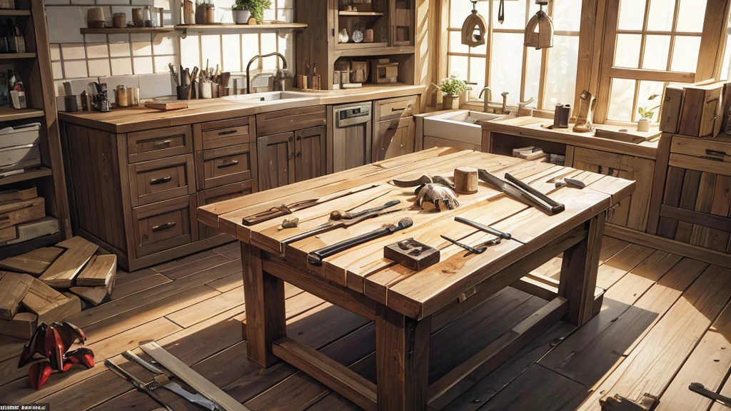 On a stone table were some carpentry tools scattered in an open wooden box. Seen outside the box is a wooden crab, saw,
a hammer and a pair of gloves .Describe this situation from a close distance, emphasizing the shapes , interlacing and space