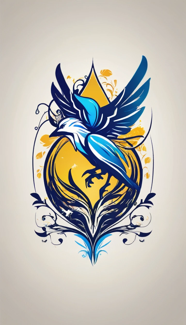 Create a minimalistic, simple, fantastic, easy to understand, logo design of two faces, one of a boy and the other of a feather for an upcoming Fantasy Role Playing Game called " Penamemoria". The game is about a world full of bird and feathers. A boy enters that world and discovers his true artistic identity. Create a logo design that transmits the essence of this videogame. It´s a fantasy game, with fantasy elements. Create the logo in the center and a fantasy theme as background. Use the colours blue, white, yellow in the logo. The logo design must convey a sense of fantasy, dreams and music. Must convey a feeling of being a true Dreamer