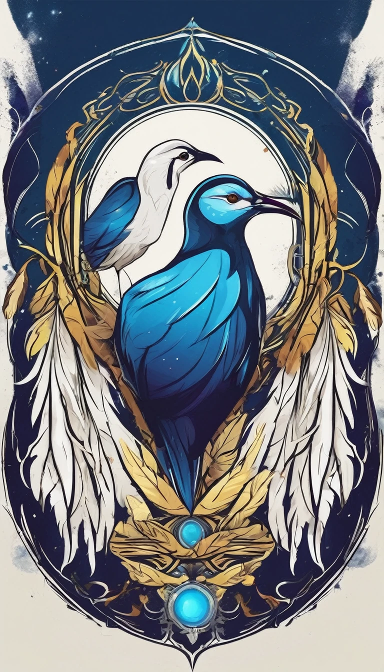 Create a minimalistic, simple, fantastic, easy to understand, logo design of two faces, one of a boy and the other of a feather for an upcoming Fantasy Role Playing Game called " Penamemoria". The game is about a world full of bird and feathers. A boy enters that world and discovers his true artistic identity. Create a logo design that transmits the essence of this videogame. It´s a fantasy game, with fantasy elements. Create the logo in the center and a fantasy theme as background. Use the colours blue, white, yellow in the logo. The logo design must convey a sense of fantasy, dreams and music. Must convey a feeling of being a true Dreamer
