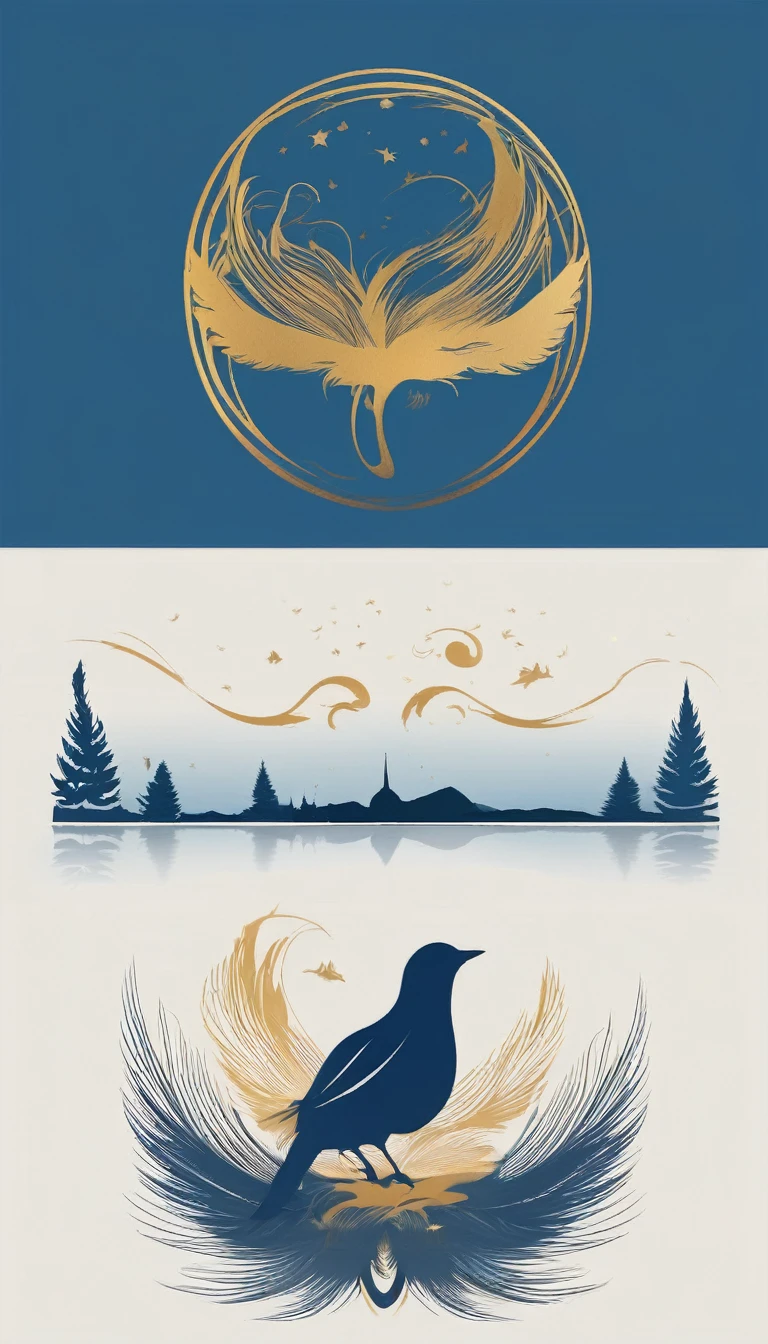 A minimal, modern, simple, cinematic logo design for the brand “Penamemoria". The logo design must be a simple, silhouette of a boy, standing up, playing acoustic guitar and fantasy feather by his side. The logo must convey a sense of music, stories, memories and dreams. Logo design impressed on a book cover. Minimalistic logo. Soft blue, white and golden as colors for the logo design