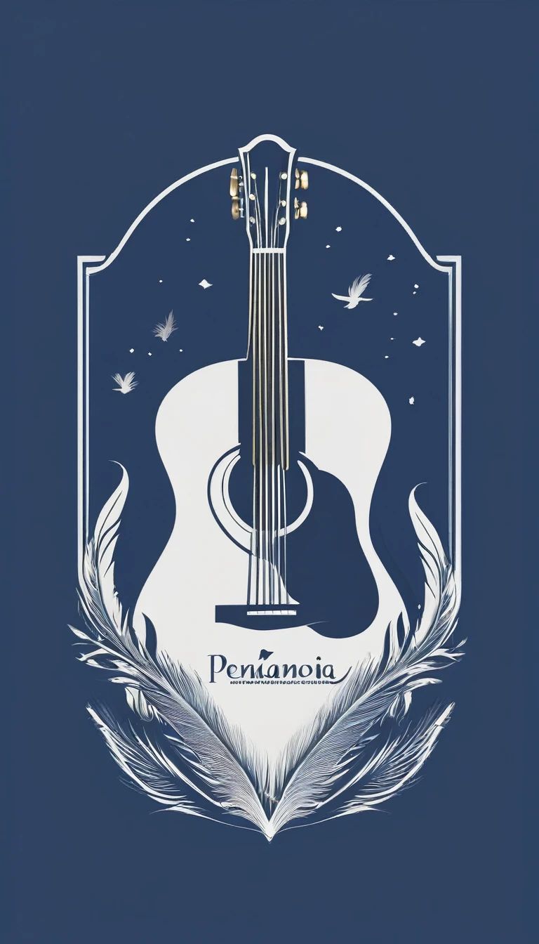 A minimal, modern, simple, cinematic logo design for the brand “Penamemoria". The logo design must be a simple, silhouette of a boy, standing up, playing acoustic guitar and fantasy feather by his side. The logo must convey a sense of music, stories, memories and dreams. Logo design impressed on a book cover. Minimalistic logo. Soft blue, white and golden as colors for the logo design
