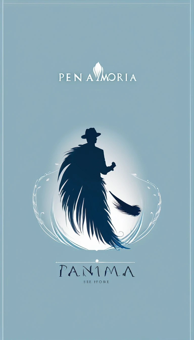 A minimal, modern, simple, cinematic logo design for the brand “Penamemoria". The logo design must be a simple, silhouette of a boy, standing up, playing acoustic guitar and fantasy feather by his side. The logo must convey a sense of music, stories, memories and dreams. Logo design impressed on a book cover. Minimalistic logo. Soft blue, white and golden as colors for the logo design