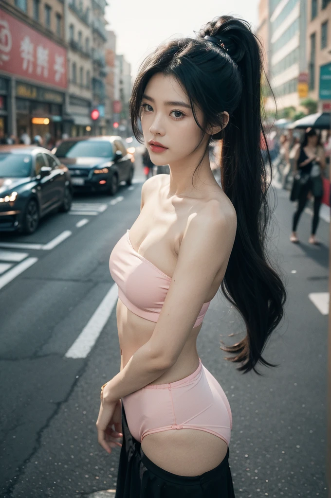 (((best quality))),(((ultra detailed))),(((masterpiece))),illustration,1girl,slim,sun-kissed skin,strapless vibrant rose-pink bra,short ponytail,flat chest,standing, bustling city streets, honking cars,surrounded by crowded crowds, colorful advertisements,grilled skewers,enjoying sights and sounds,(dark black skin:1.5),day scene,close-up of face