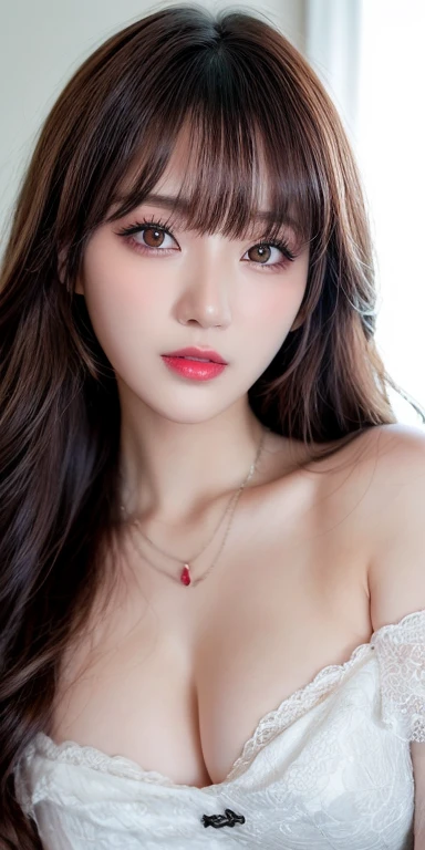 Canon RF 85mmf/1.2,masutepiece,Best Quality,超A high resolution,tu,1 girl,(Korean mixed,Kpop Idol:1.2),Solo,white_shiny_skin,Black eyes,Necklace,brown_long_Wavy_hair,Red lipstick bright_shiny_Lips,Eyelashes,Bangs,deal,make - up,shiny,Pore,skin texture,Bracelet,off shoulders,See-through,Big breasts