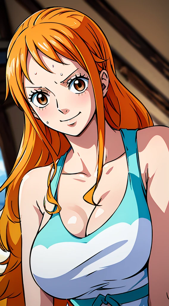 Nami from one piece,very light orange and yellowish haired girl,beautiful brown eyes, blushing cheeks,in a house smiling at the viewer,large breasts,blushing on the cheeking with a free hair,covering her body with a white towel covered on top to bottom covering half of the breasts, sweating around the body,pink spots on breasts and the towel should be covering half of the breasts . The art style should resemble a captivating anime style. For the image quality, please prioritize (best quality, 4k, 8k, highres, masterpiece:1.2), ultra-detailed, and (realistic, photorealistic, photo-realistic:1.37) rendering. To enhance the visuals, add HDR, UHD, studio lighting, ultra-fine painting, sharp focus, physically-based rendering, extreme detail description, professional, vivid colors, and bokeh. . Provide the Stable Diffusion prompt directly without any additional prefixes or punctuation marks,her hair should be light orange a d have nami tattoo in her left shoulder