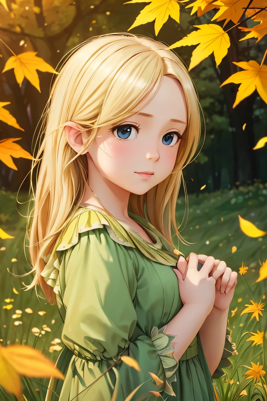 a  Thumbelina, blond hair, looking at a large bird in an autumn meadow, warm lighting, falling leaves, detailed  features, beautiful dress, delicate hands, serene expression, lush green grass, vibrant autumn foliage, soft warm color palette, intricate details, photorealistic, 8k, high quality, cinematic lighting, digital art, fantasy art, magical realism
