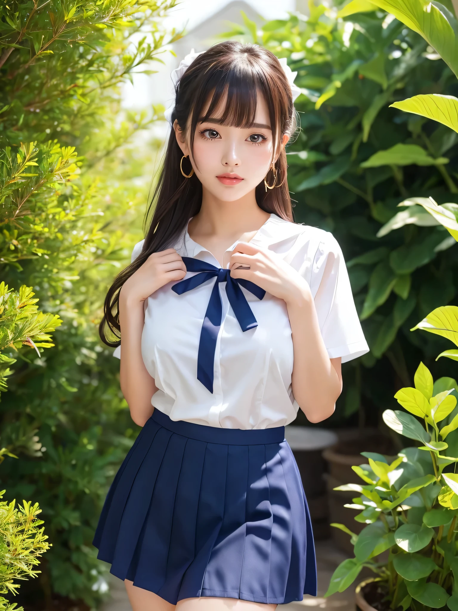 Beautiful woman、cute、Plump body、Big Tits、Earrings、Are standing、Ribbon in hair、High short-sleeved blouse、Navy blue mini skirt、Panties in full view、Ribbon on chest、garden、(Shiny skin:1.3)、From the thigh up、From below