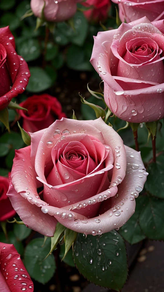 Raindrops hitting rose petals