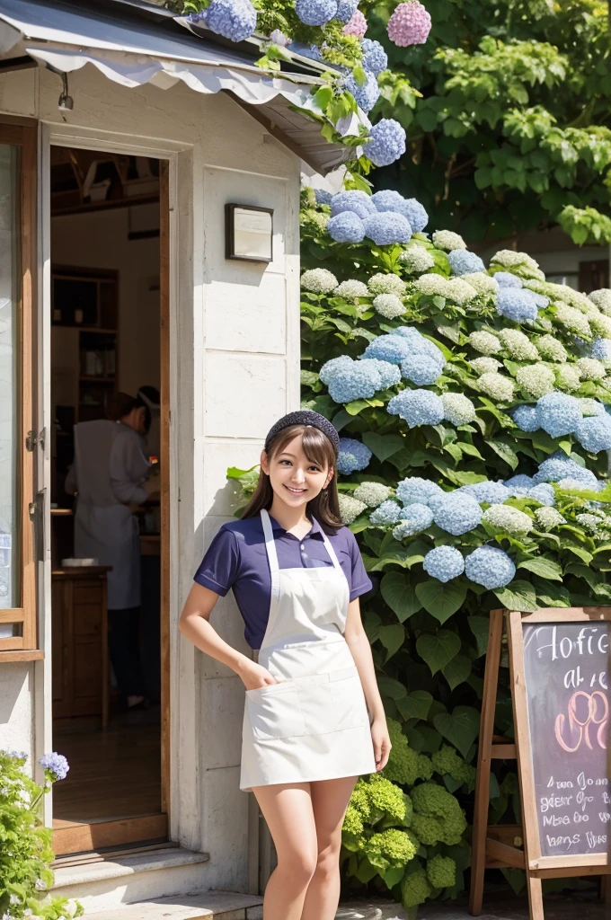 A 20-year-old girl working at a cafe where hydrangeas are blooming(Wearing a miniskirt and apron)