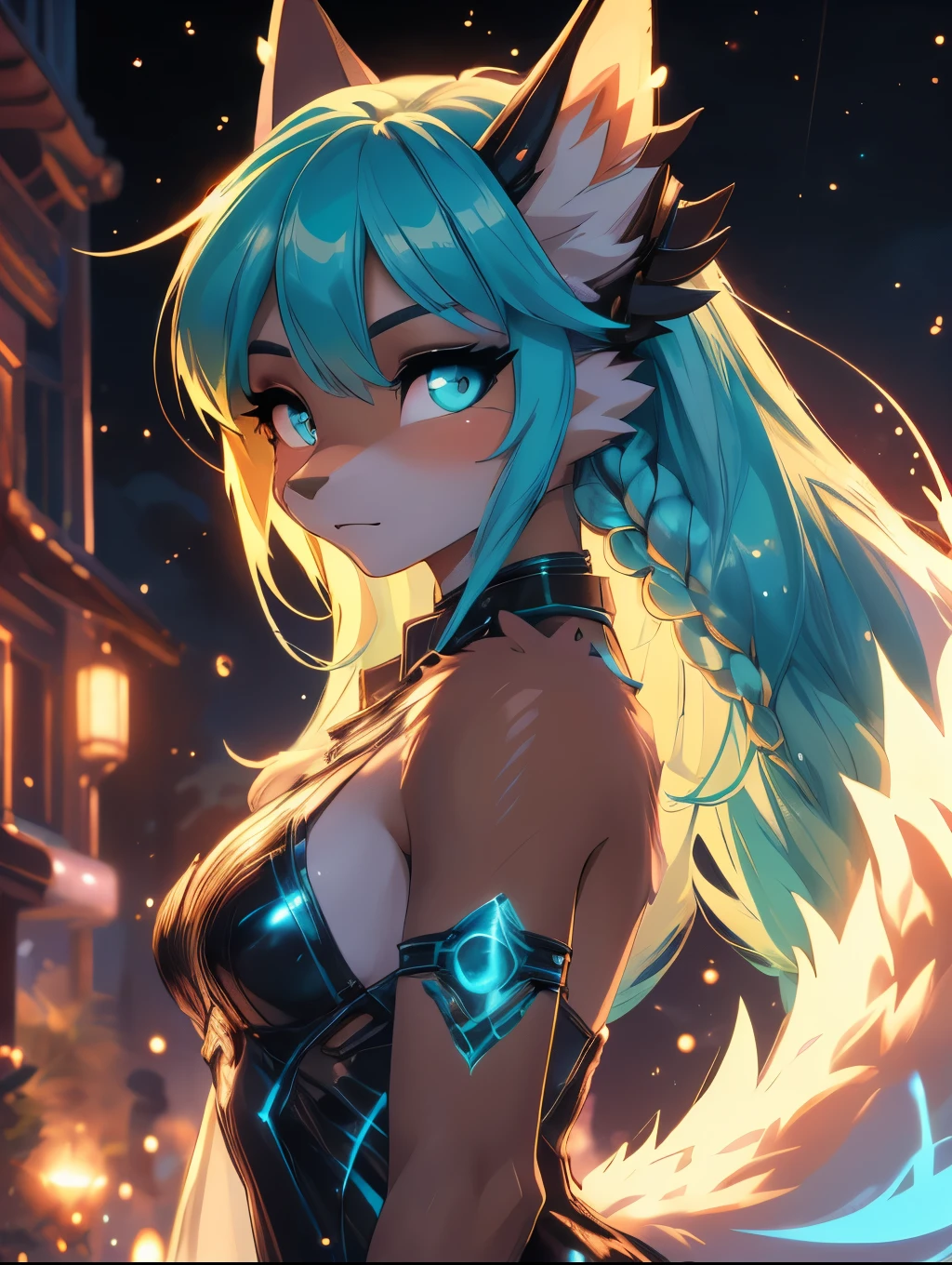 Miku Hatsune,Arabic, tanned skin, High Definition, kitsune ears, Masterpiece}}, of the highest quality, Highly detailed CG Unity 8k wallpaper, cinematic lighting, Lens flare, Beautiful detailed eyes, negro, lateral line, multicolored hair, showy light, particle, heterochromia, (showy:1.5), (showy hair:1.5),