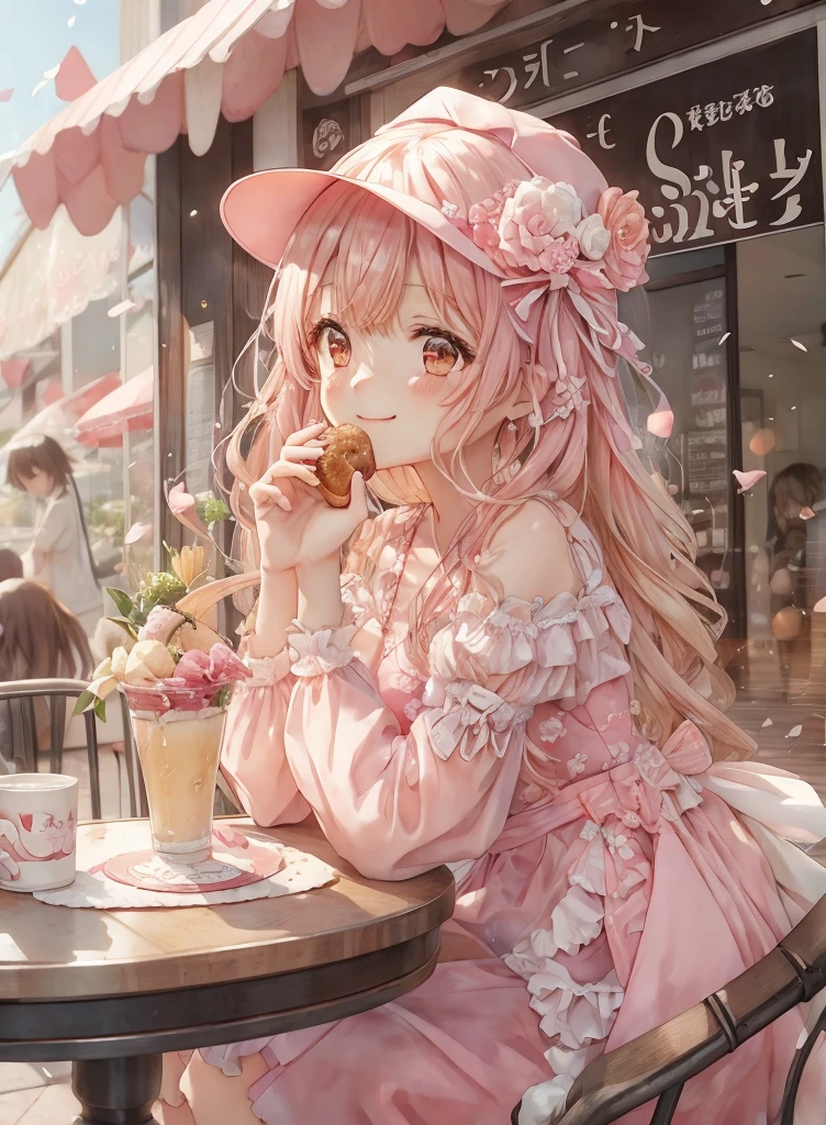 anime smiling girl in pink dress eating a donut at a table, kawacy, anime visual of a cute girl, anime art wallpaper 4k, anime art wallpaper 4 k, anime art wallpaper 8 k, cute anime girl, 4k anime wallpaper, best anime 4k konachan wallpaper, splash art anime , anime style 4 k