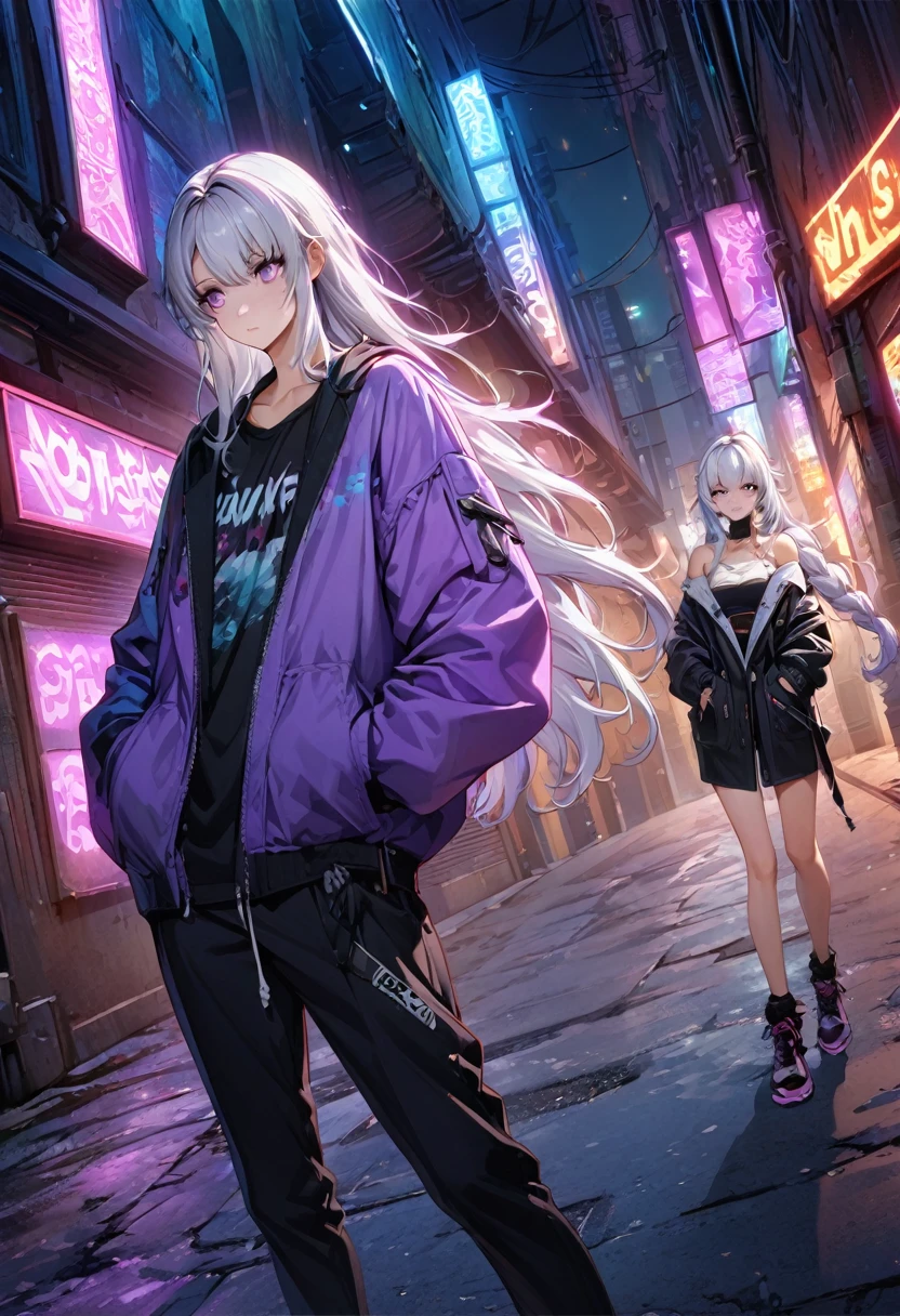 (((8k wallpaper,Extremely detailed CG :1.2, masterpiece, high resolution:1.2, Top quality:1.2))),A short-haired boy and a girl staring at each other, (( yinji, White hair, Purple Eyes, Long hair, White hair,, Hands in pockets:1.8, Street Fashion:1.2, Wearing a colorful coat:1.2)), ( Off-shoulder), ((Empty alleys, night, Neon Street)), (High Angle)