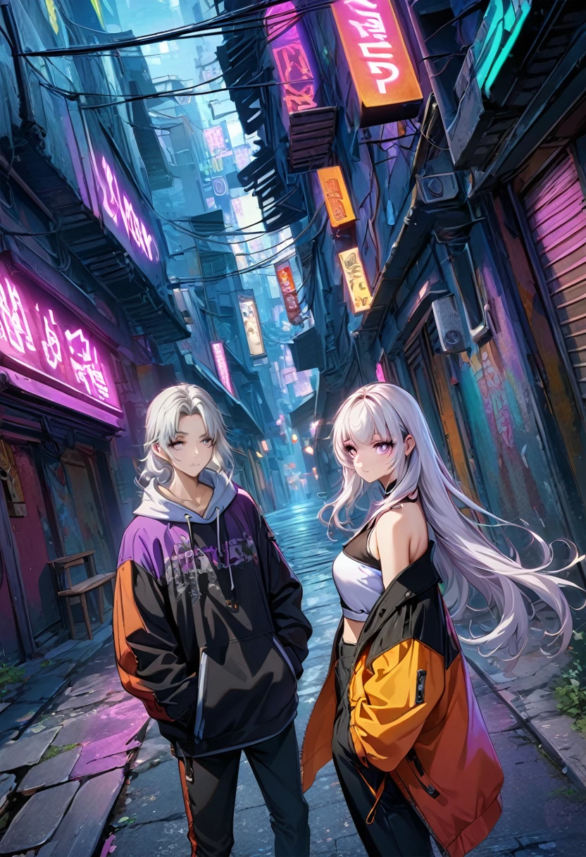 (((8k wallpaper,Extremely detailed CG :1.2, masterpiece, high resolution:1.2, Top quality:1.2))),A short-haired boy and a girl staring at each other, (( yinji, White hair, Purple Eyes, Long hair, White hair,, Hands in pockets:1.8, Street Fashion:1.2, Wearing a colorful coat:1.2)), ( Off-shoulder), ((Empty alleys, night, Neon Street)), (High Angle)