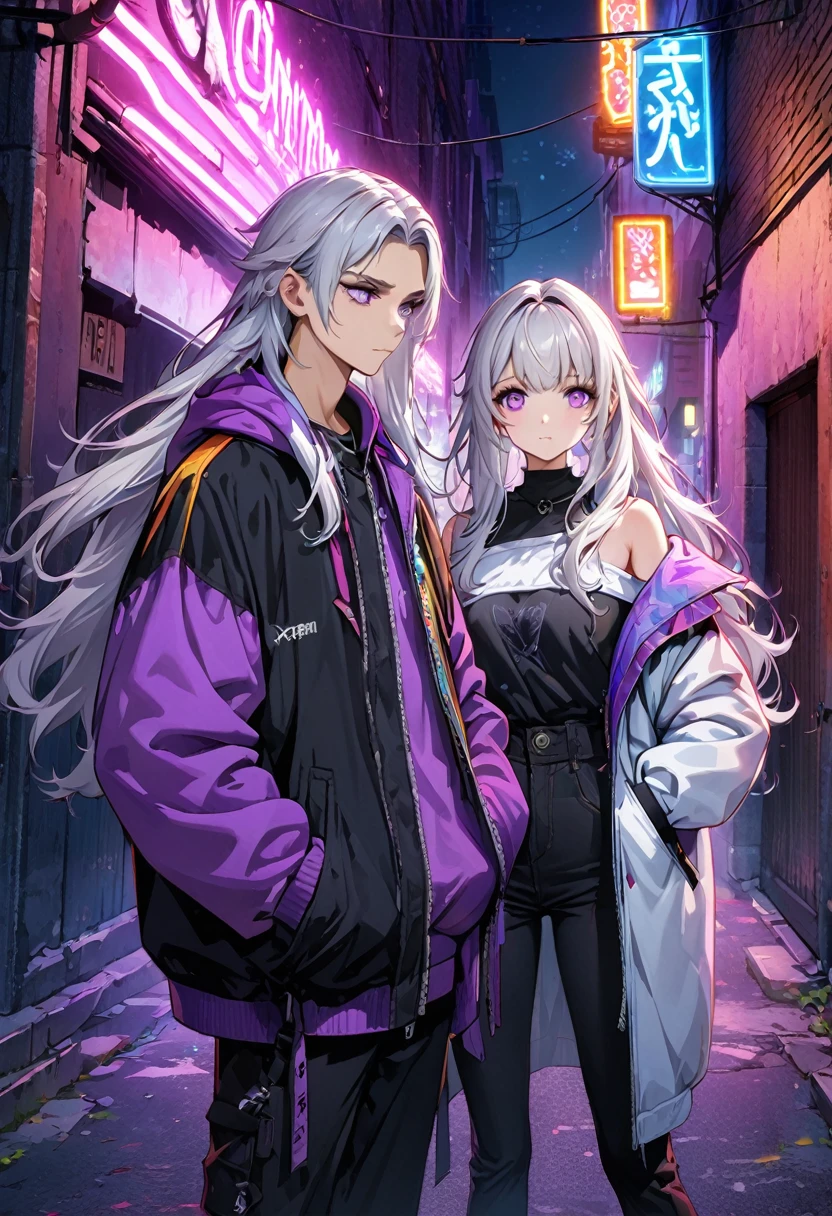 (((8k wallpaper,Extremely detailed CG :1.2, masterpiece, high resolution:1.2, Top quality:1.2))),A short-haired boy and a girl staring at each other, (( yinji, White hair, Purple Eyes, Long hair, White hair,, Hands in pockets:1.8, Street Fashion:1.2, Wearing a colorful coat:1.2)), ( Off-shoulder), ((Empty alleys, night, Neon Street)), (High Angle)