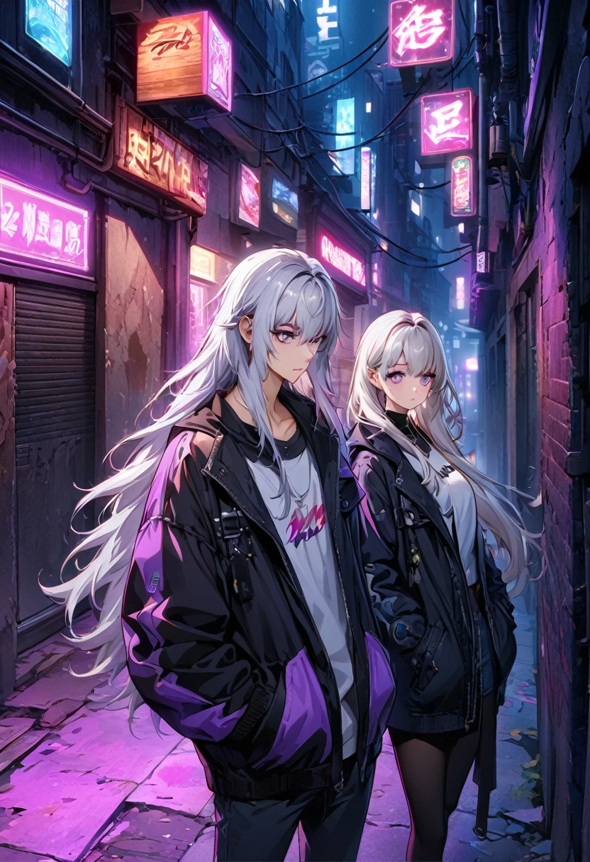 (((8k wallpaper,Extremely detailed CG :1.2, masterpiece, high resolution:1.2, Top quality:1.2))),A short-haired boy and a girl staring at each other, (( yinji, White hair, Purple Eyes, Long hair, White hair,, Hands in pockets:1.8, Street Fashion:1.2, Wearing a colorful coat:1.2)), ( Off-shoulder), ((Empty alleys, night, Neon Street)), (High Angle)