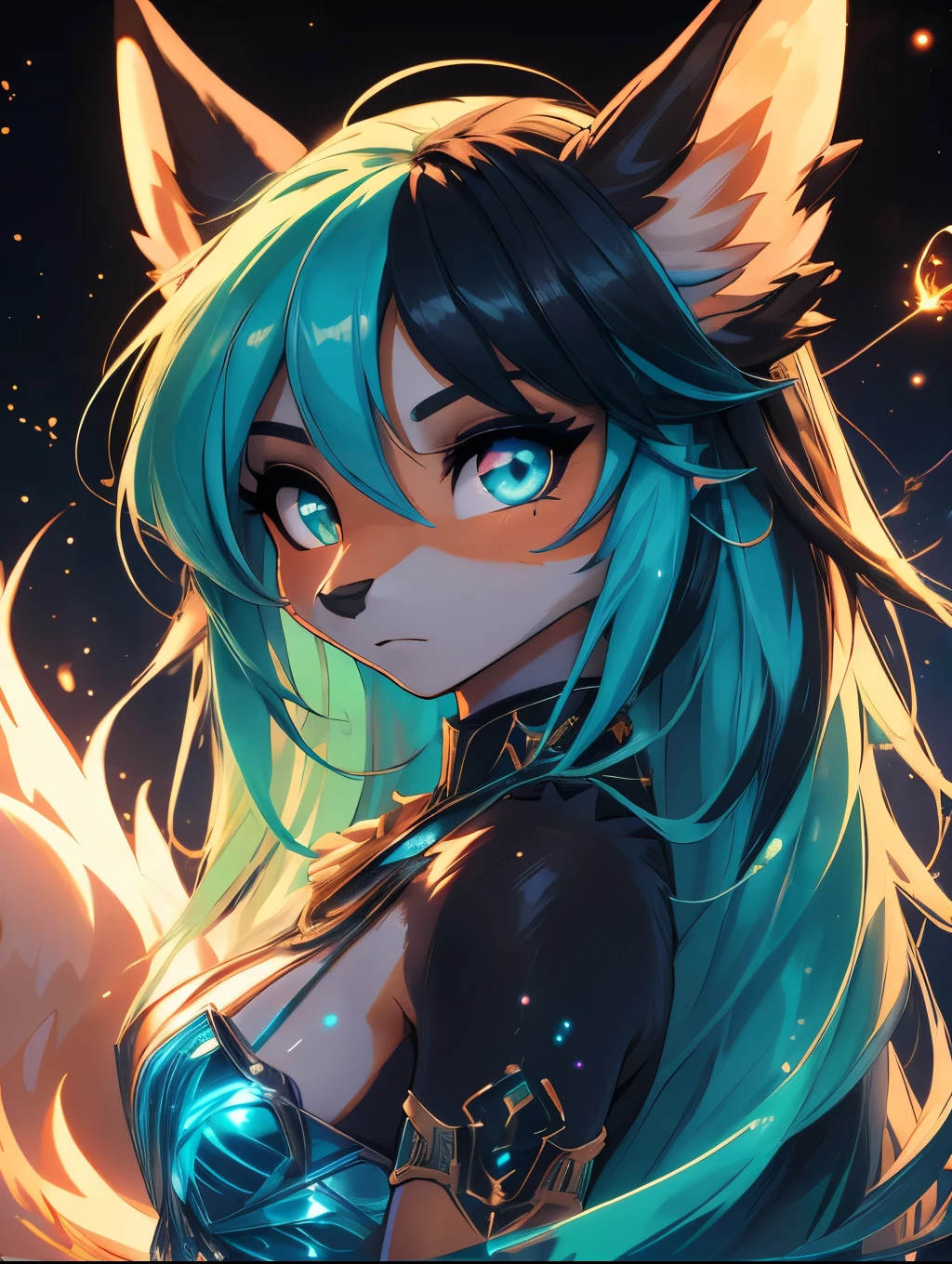 Miku Hatsune,Arabic, tanned skin, High Definition, kitsune ears, Masterpiece}}, of the highest quality, Highly detailed CG Unity 8k wallpaper, cinematic lighting, Lens flare, Beautiful detailed eyes, negro, lateral line, multicolored hair, showy light, particle, heterochromia, (showy:1.5), (showy hair:1.5),