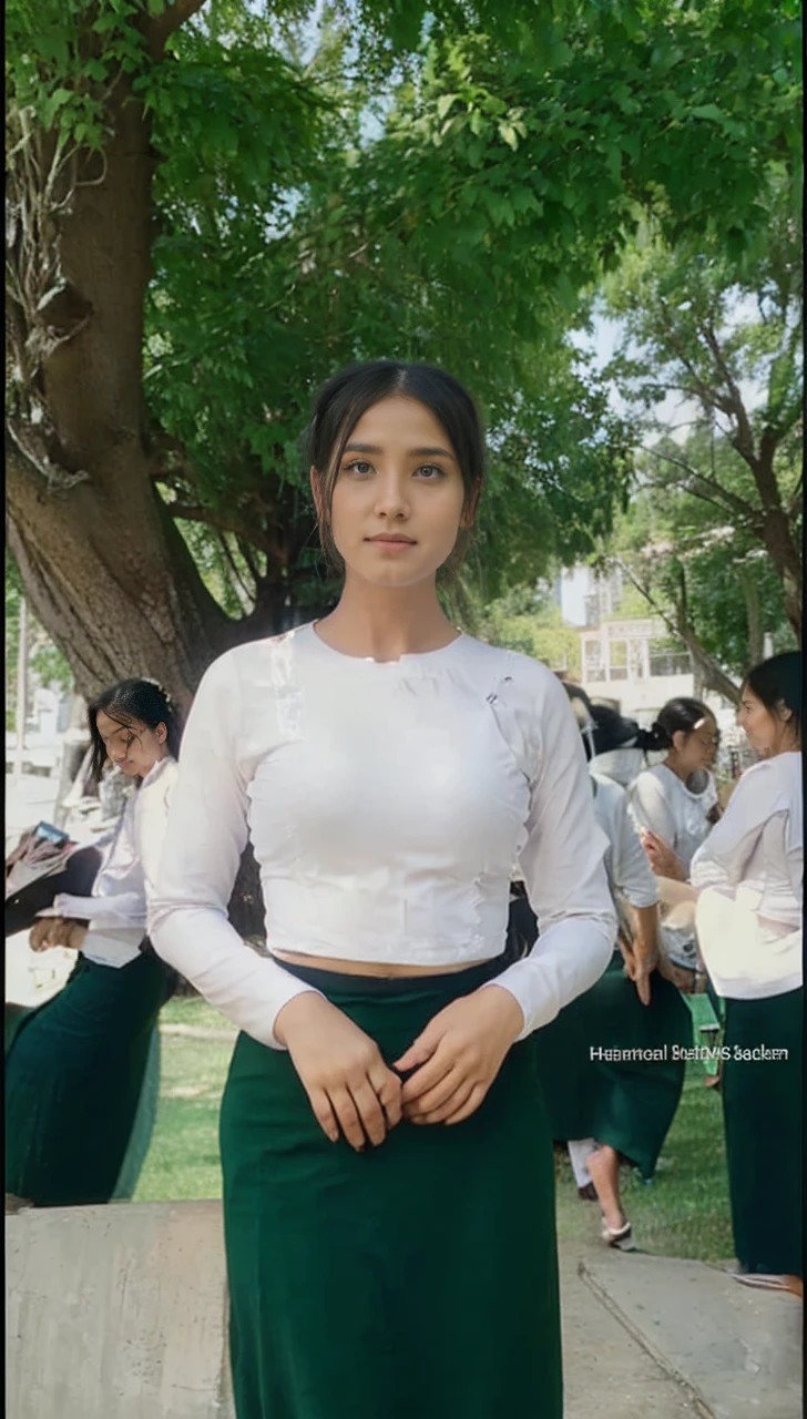 3 school teachers is 30years old.Tall, thin, big hips, big breasts, black hair, small lips, brown eyes, attractive, K.Top=white Burmese blouse,With long sleeves,Buttoned at the side.Bottom=(Dark green) long skirt.
Footwear=female Burmese sandals,The hair is knotted bun.Hijab
