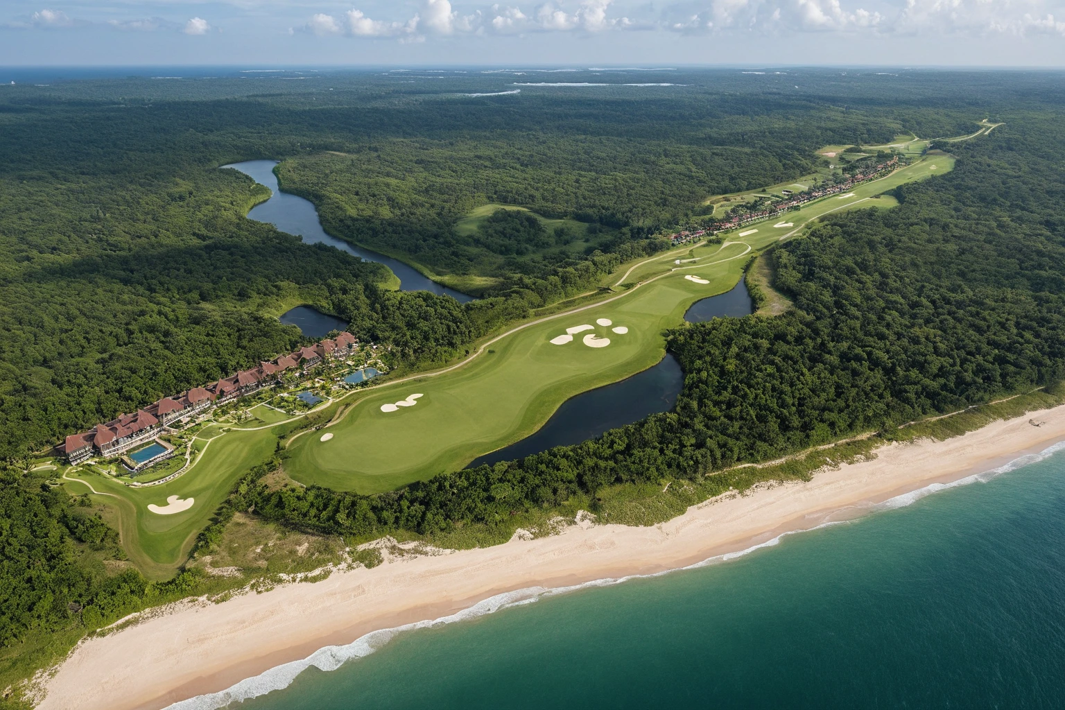 Aerial view of the Bintan Island Beach and Golf affiliated resort project plan, featuring a luxury hotel complex with a golf course in the background, coastline overlooking the ocean and beach area. The site is located on an island near the East Sea, surrounded by lush greenery and sandy beaches. It includes elements like modern architecture buildings, outdoor swimming pools, tennis courts, a golfing lawn, walking paths, and other premium commercial areas. Ultra realistic in the style of modern architecture. --ar 7:4