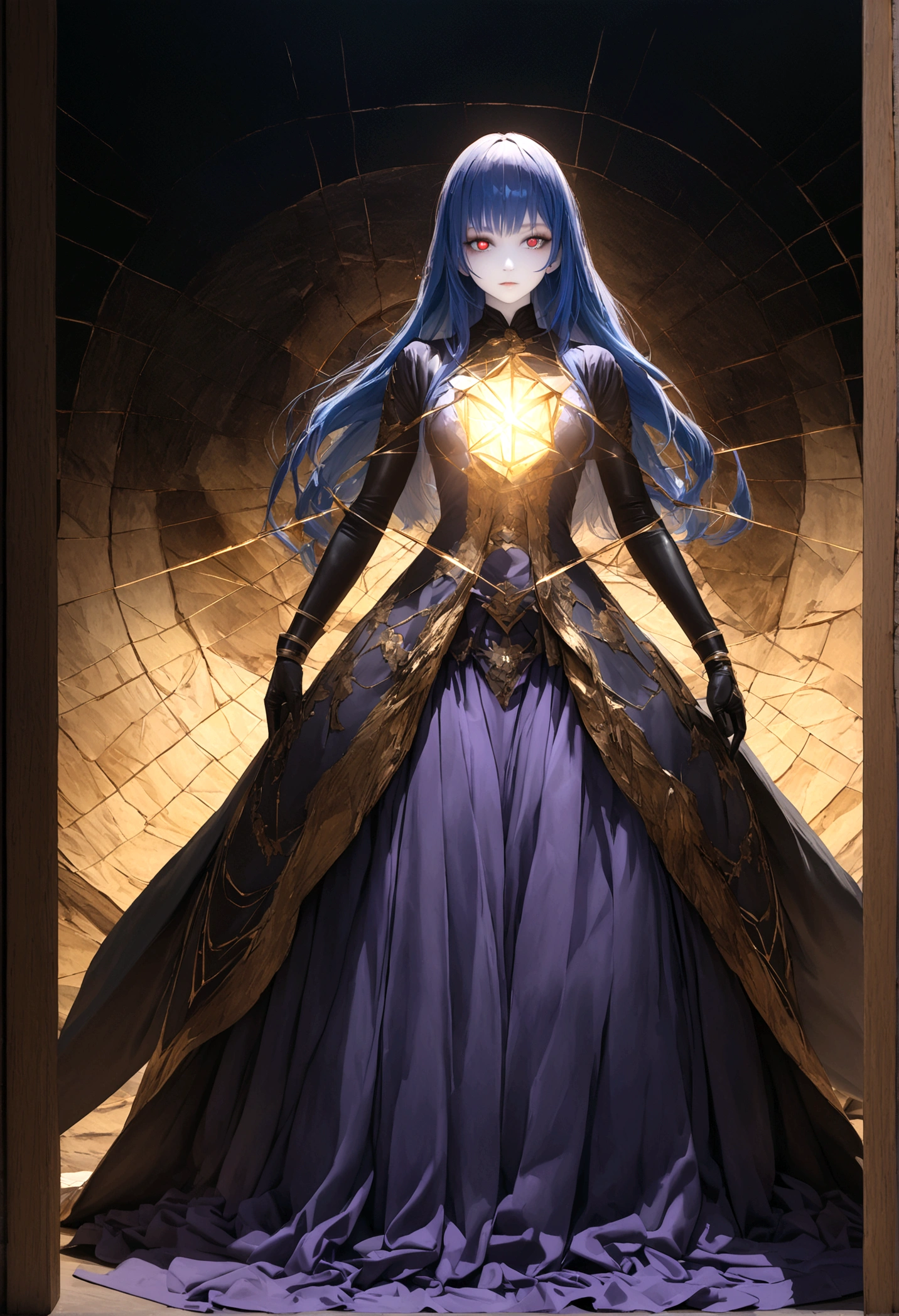 (woman\(Magical girl, Purple long skirt, Long flowing blue hair, Red pupils, Pale skin, Indifferent face,Cold eyes,Magic elements gathered in hand,The magic element forms a vortex that surrounds),night,Blood Moon,quality\(8K,Extremely detailed CG unit wallpaper, masterpiece,high resolution,top-quality,top-quality real texture skin,Surrealism,提high resolution,original photo,Best quality,Very detailed,light,Ray Tracing,Golden Ratio\)