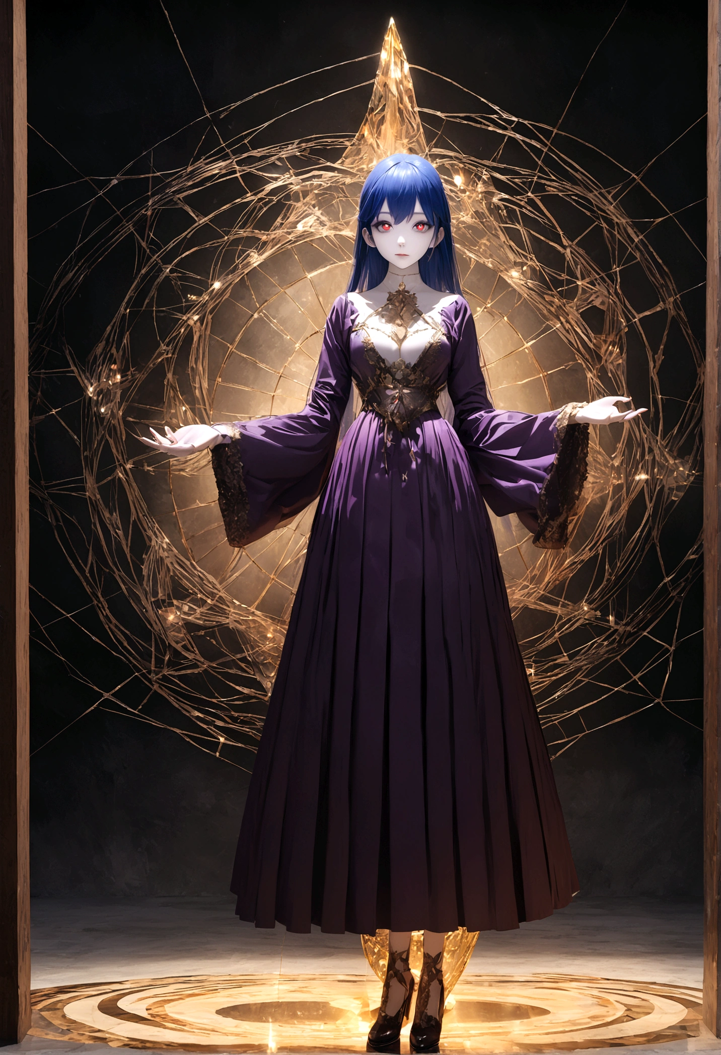 (woman\(Magical girl, Purple long skirt, Long flowing blue hair, Red pupils, Pale skin, Indifferent face,Cold eyes，Magic elements gathered in hand，The magic element forms a vortex that surrounds),night，Blood Moon,quality\(8K,Extremely detailed CG unit wallpaper, masterpiece,high resolution,top-quality,top-quality real texture skin,Surrealism,提high resolution,original photo,Best quality,Very detailed,light,Ray Tracing,Golden Ratio\)