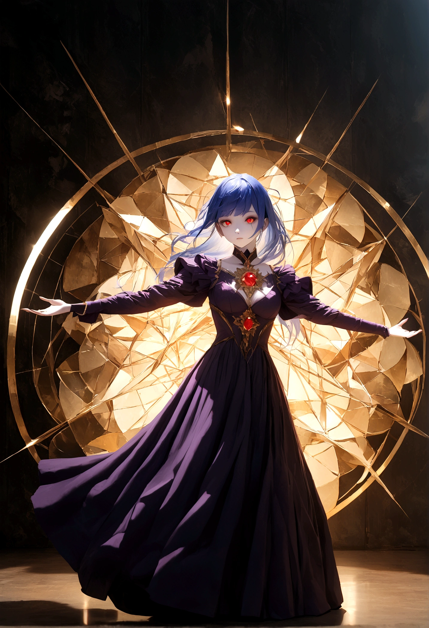 (woman\(Magical girl, Purple long skirt, Long flowing blue hair, Red pupils, Pale skin, Indifferent face,Cold eyes,Magic elements gathered in hand,The magic element forms a vortex that surrounds),night,Blood Moon,quality\(8K,Extremely detailed CG unit wallpaper, masterpiece,high resolution,top-quality,top-quality real texture skin,Surrealism,提high resolution,original photo,Best quality,Very detailed,light,Ray Tracing,Golden Ratio\)