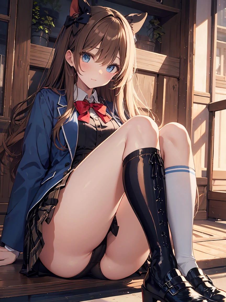 blue eyed girl, long brown hair, white short sleeve round neck blouse, pleated checkered skirt in blue and red tones to the knee, navy blue jacket, black patent leather shoes, white knee high socks, big red Japanese  style bow tied on the neck of the blouse