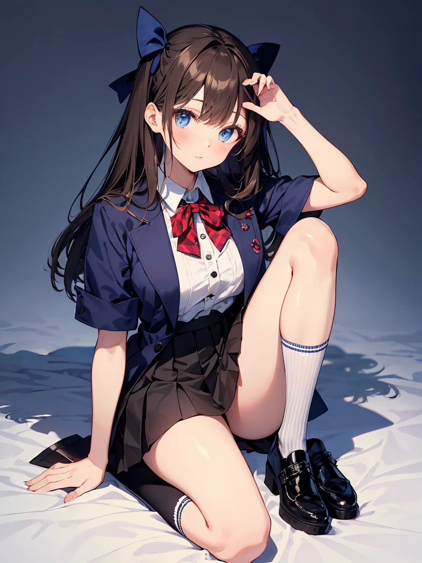 blue eyed girl, long brown hair, white short sleeve round neck blouse, pleated checkered skirt in blue and red tones to the knee, navy blue jacket, black patent leather shoes, white knee high socks, big red Japanese  style bow tied on the neck of the blouse