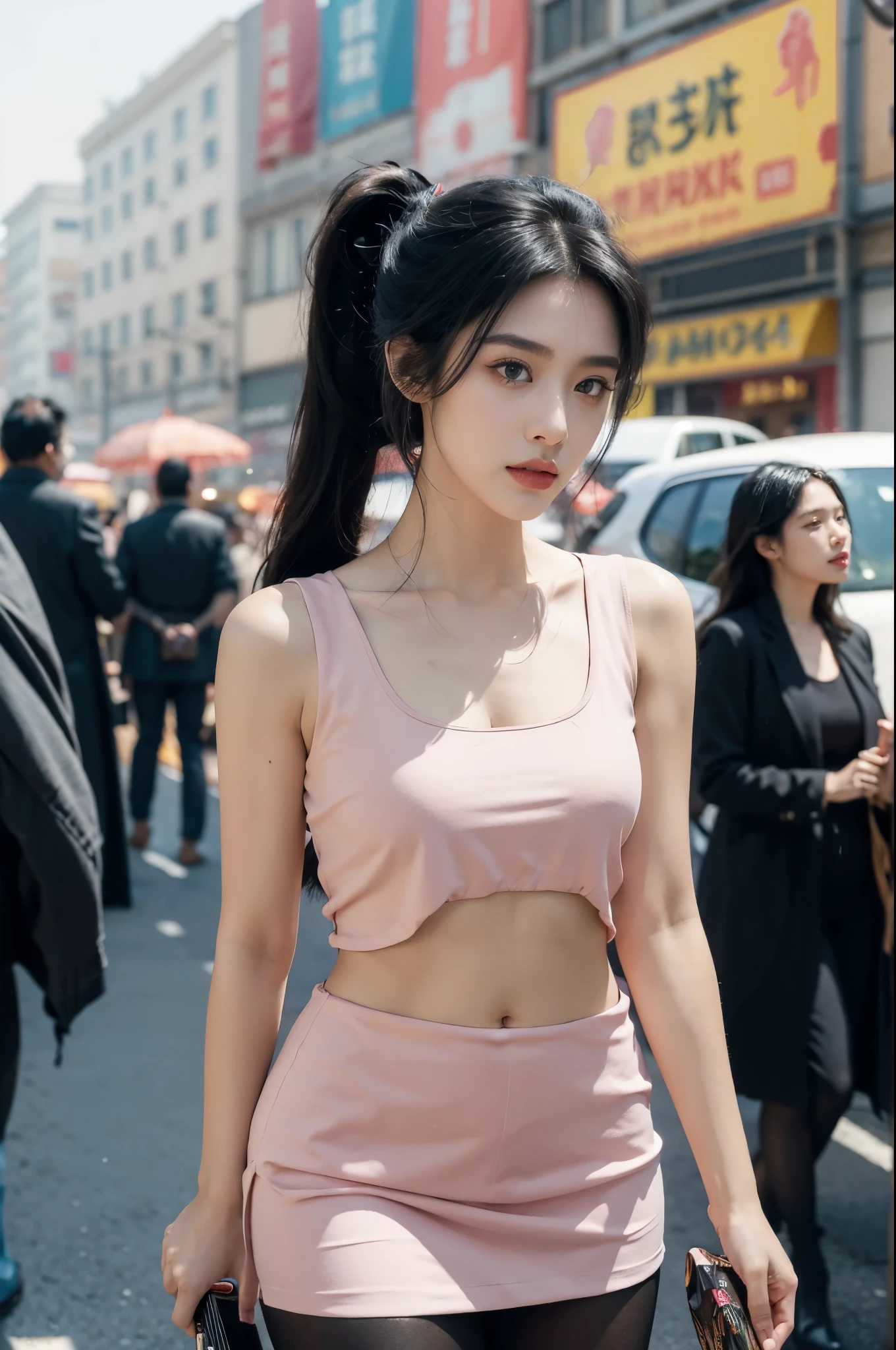 (((best quality))),(((ultra detailed))),(((masterpiece))),illustration,1girl,slim,sun-kissed skin,vibrant rose-pink cotton dress,short ponytail,flat chest,navel,pantyhose,standing, bustling city streets, honking cars,surrounded by crowded crowds, colorful advertisements,grilled skewers,enjoying sights and sounds,(dark black skin:1.5),day scene,upper body