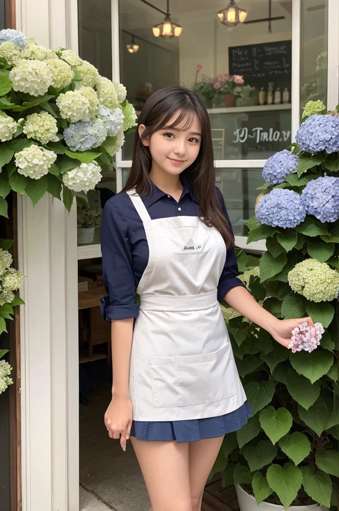 A 20-year-old girl working at a cafe where hydrangeas are blooming(Wearing a miniskirt and apron)