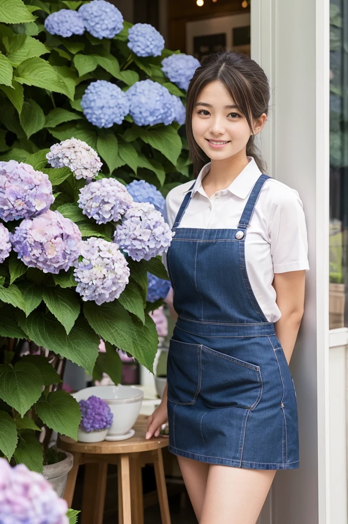A 20-year-old girl working at a cafe where hydrangeas are blooming（Wearing a miniskirt and apron）