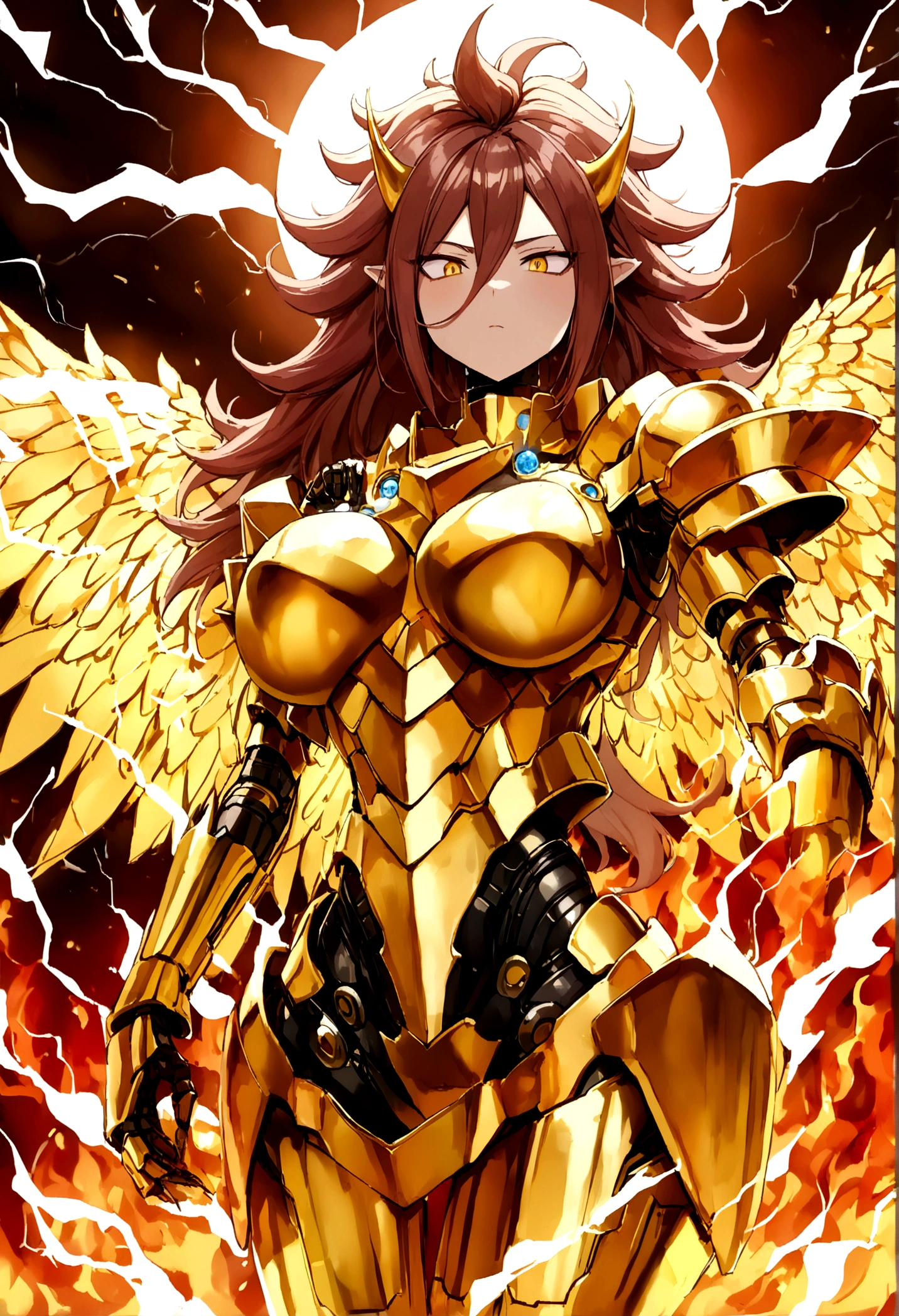 ((Lightning Power)), ((Electricity)), ((Fire Background)), ((Lightning Storm)), ((Power Erupting)), (((((android 21))))), ((((SUN Rasengan)))), (((Evil Power))), (((white Coat))), (((Busty))), (((((Big breast:1,3)))), luxury bustier corset, (((silver hair))), (((Very slim waist))), propotional body, ((Gorgeous)), (((Fire Blazing Horns))), ((((gold wings))), masterpiece, hyperdetail, ambient effect, digital effect, (((Fire Gold Armor))), (((Lightning Gold Wings)))
