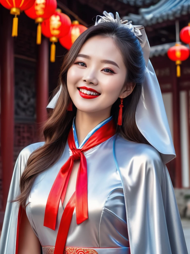 breathtakingly beautiful smiling Chinese girl , long hair , blue eyes , red lips ,(((wearing a long shiny silver cape tied at neck with ribbo)))+++ , cheongsam , full body , 8K , insane details, lifelike, elegant , DSLR ,HDR , film grain