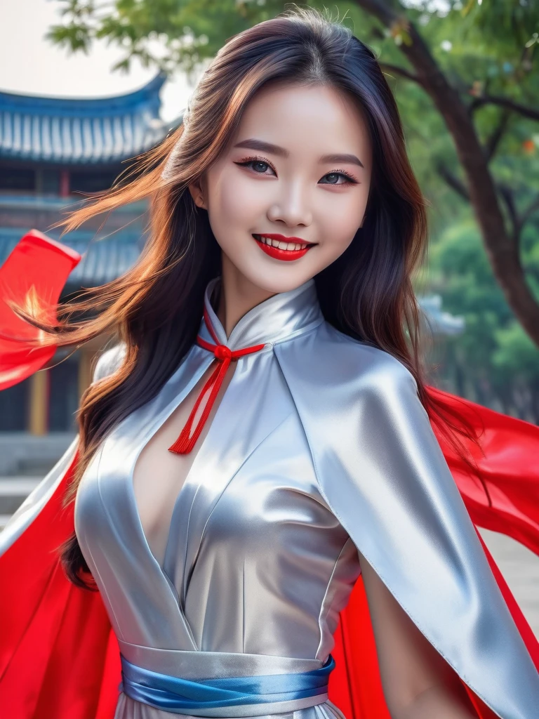 breathtakingly beautiful smiling Chinese girl , long  hair , blue eyes , red lips ,(((wearing  a long shiny silver cape tied at neck with ribbo)))+++ , cheongsam , full body , 8K , insane details, lifelike, elegant ,  DSLR ,HDR , film grain