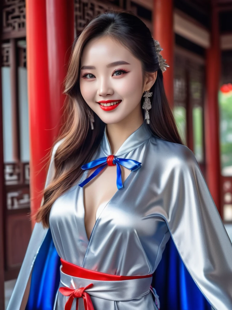breathtakingly beautiful smiling Chinese girl , long hair , blue eyes , red lips ,(((wearing a long shiny silver cape tied at neck with ribbo)))+++ , cheongsam , full body , 8K , insane details, lifelike, elegant , DSLR ,HDR , film grain