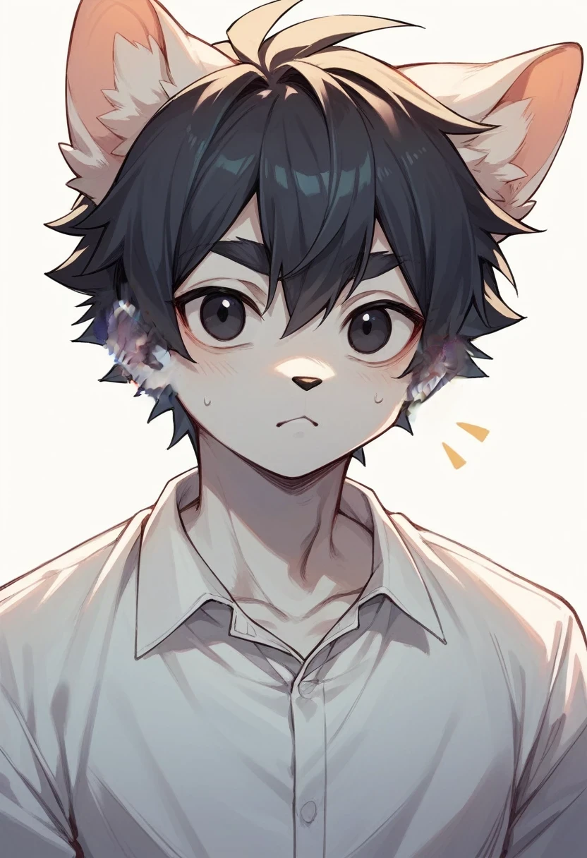 Anthropomorphic Cat，White shirt，4D anime style，black eyes，Anime Face，No one ears