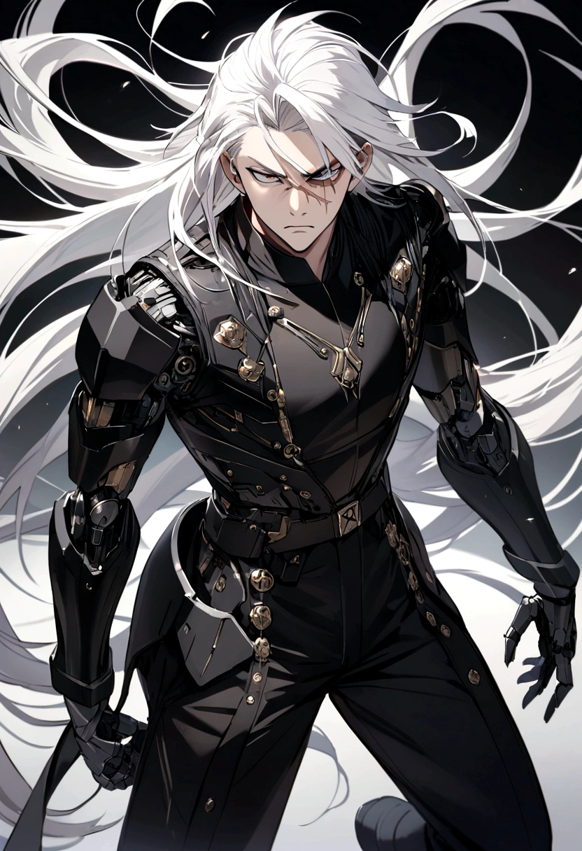 Boy with long messy white hair,futuristic black military clothing, booties, serious face, scar on eye and nose, robotic arm,