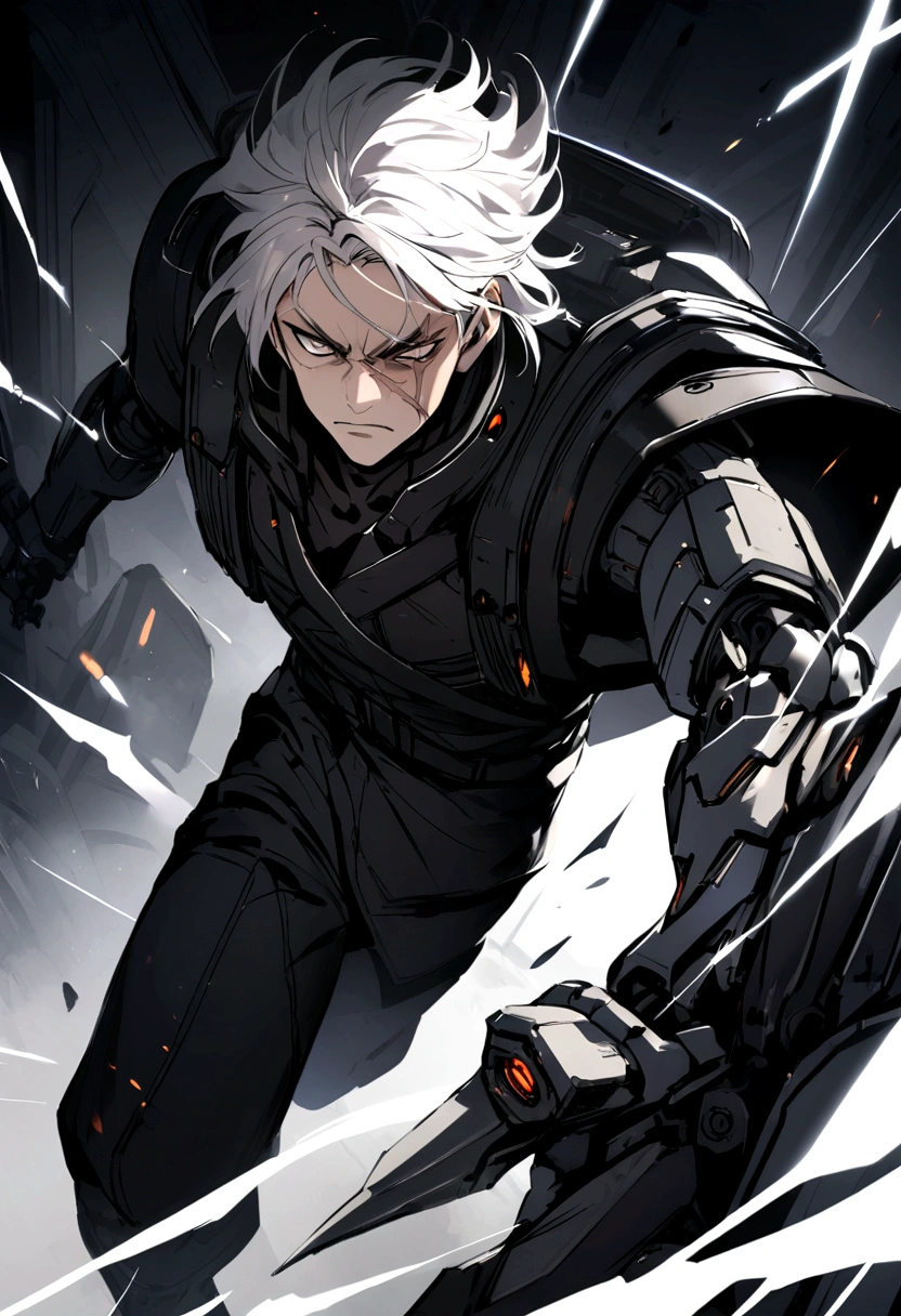 Boy with long messy white hair,futuristic black military clothing, booties, serious face, scar on eye and nose, robotic arm,