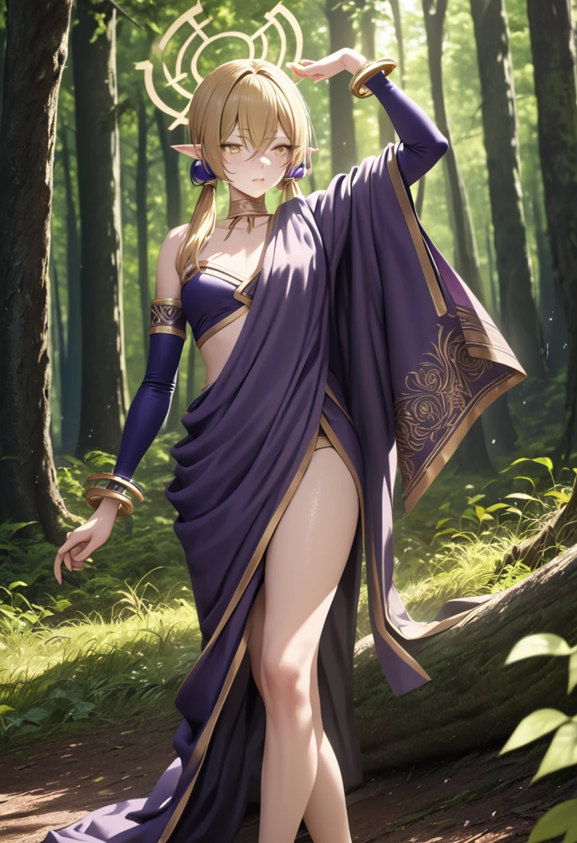 photorealistic, (4k), depth of field, (Masterpiece), (realistic skin texture), extremely detailed, intricate, hyper detailed, professional photography, bokeh, high resolution, sharp detail, best quality, woman, short hair, blonde hair, yellow eyes, long twintails, pointy ears, halo, gold and purple earrings, detached sleeves, gold choker, white and purple robe, robe over one shoulder, gold bracelets, dynamic pose, (dynamic pose),   forest, tall grass, light rays, forest clearing,