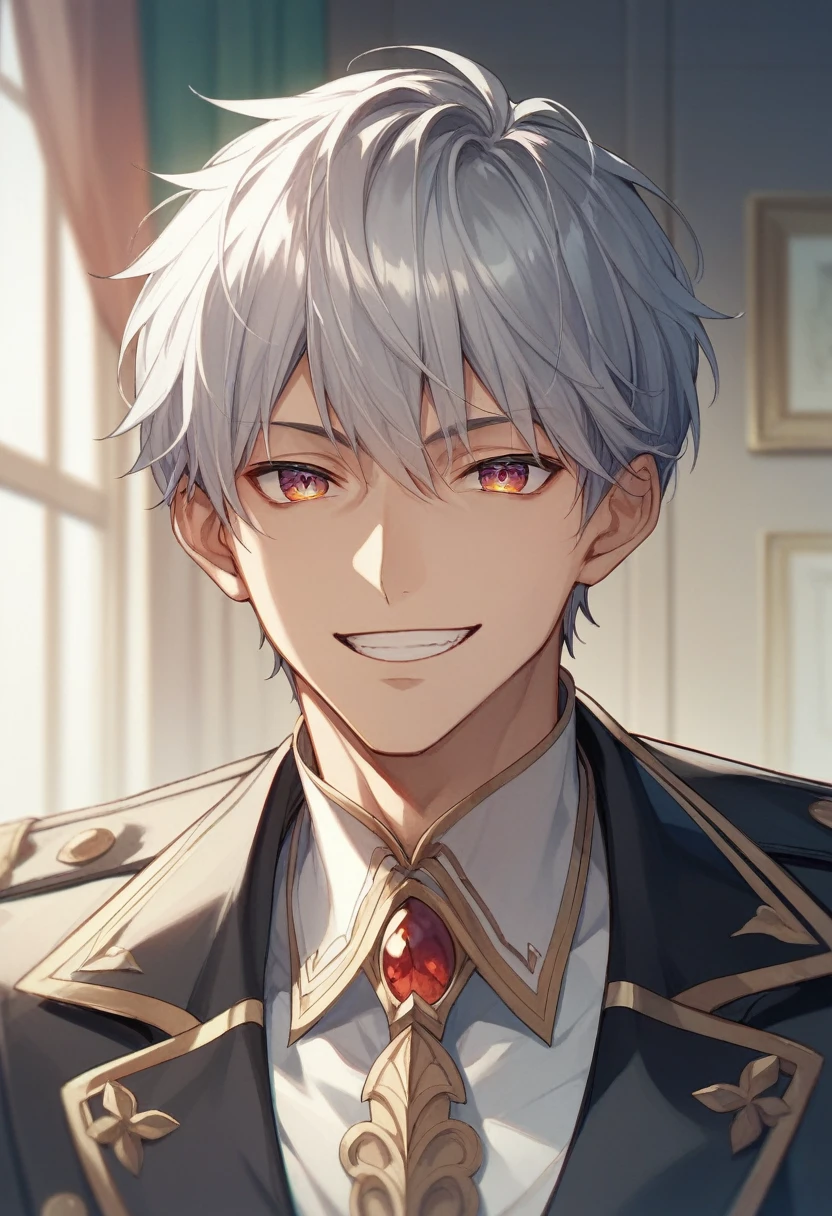 1 boy、highest quality, Tabletop, Beautiful Face、suit、Silver Hair、intelligent、short hair、whole body、(open your eyes) evil smiling、 front