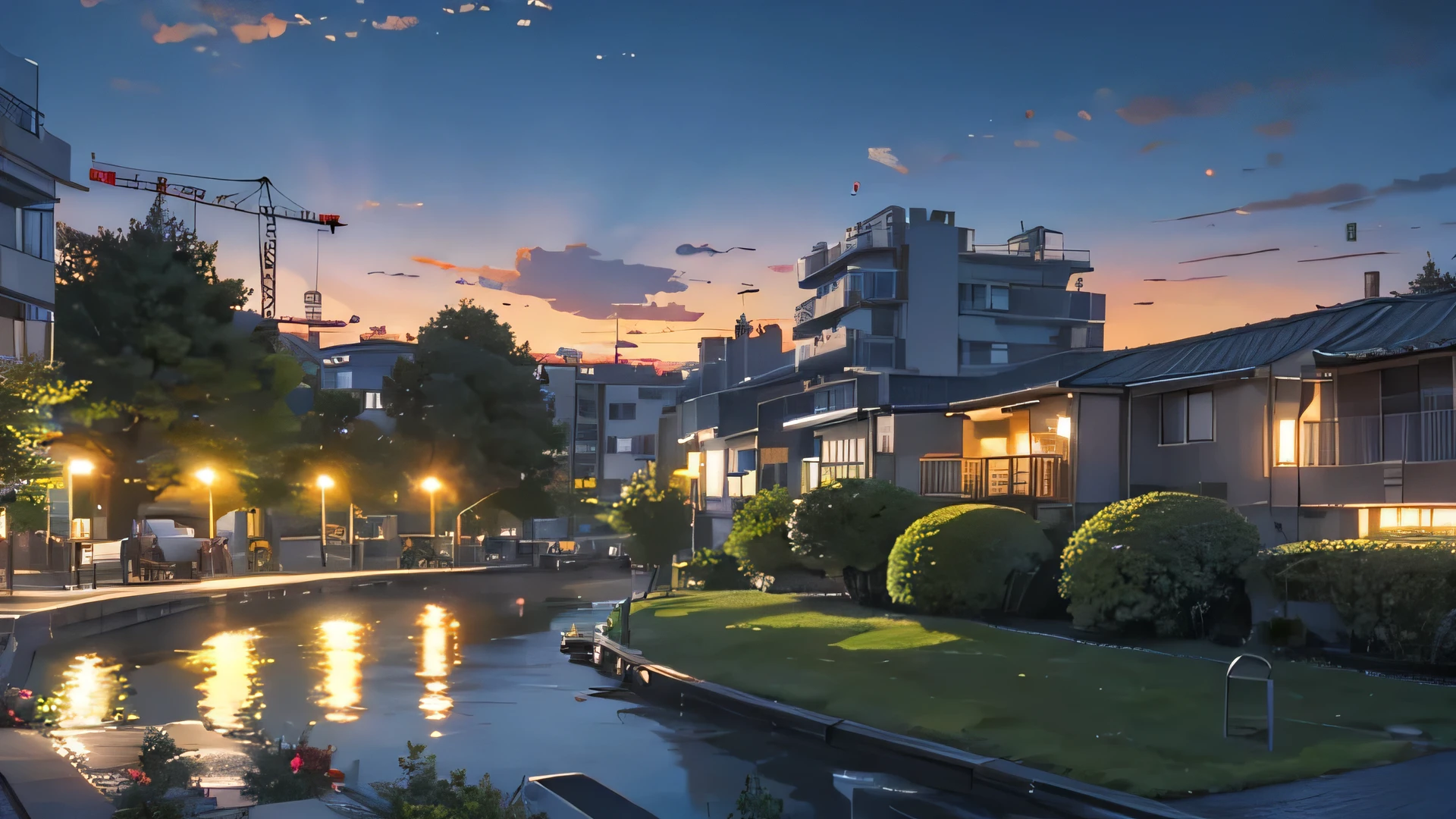 evening、5A small park with a view of a multi-storey housing complex、No people