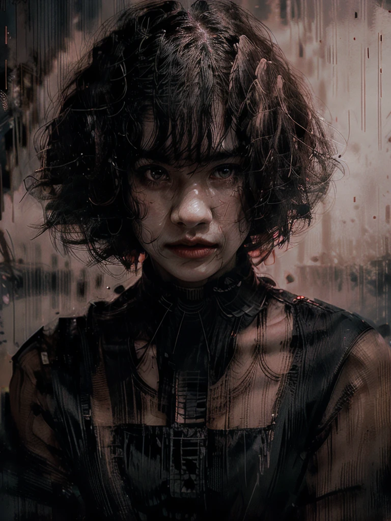 stunning front portrait photo of chinese woman head, curly bob hair, looking directly to the camera, dark brown eyes, face covered by water, capturing the intricate details, ultra realistic, significant colors salmon pink beige coral red, brightly lit, dark background, rain, wet face, tropical dense forest--ar 3:4 --stylize 350 --v 6