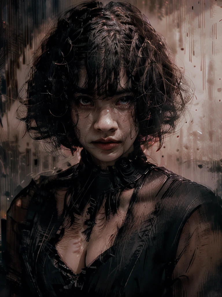 stunning front portrait photo of chinese woman head, curly bob hair, looking directly to the camera, dark brown eyes, face covered by water, capturing the intricate details, ultra realistic, significant colors salmon pink beige coral red, brightly lit, dark background, rain, wet face, tropical dense forest--ar 3:4 --stylize 350 --v 6