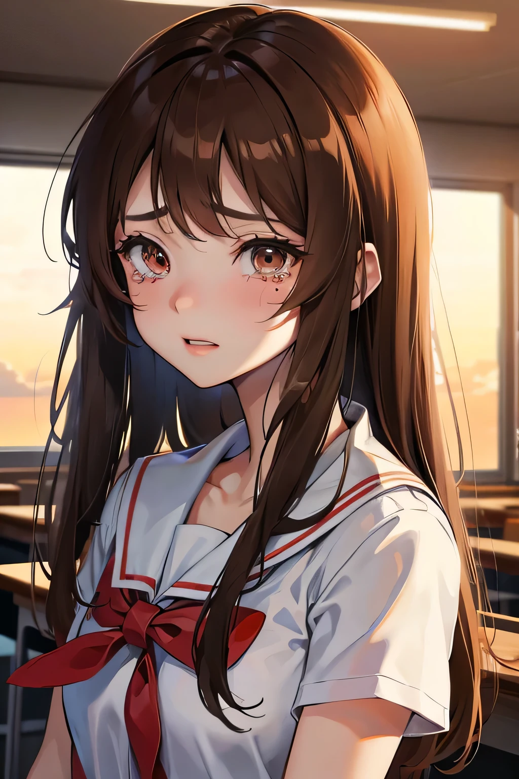 anime girl, classroom, sad face, brown hair, , sunset, Anime, tears on eyes