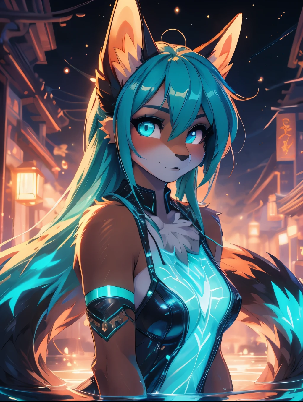 Miku Hatsune,Arabic, tanned skin, High Definition, kitsune ears, Masterpiece}}, of the highest quality, Highly detailed CG Unity 8k wallpaper, cinematic lighting, Lens flare, Beautiful detailed eyes, negro, lateral line, multicolored hair, showy light, particle, heterochromia, (showy:1.1), (showy hair:1.5), complex body