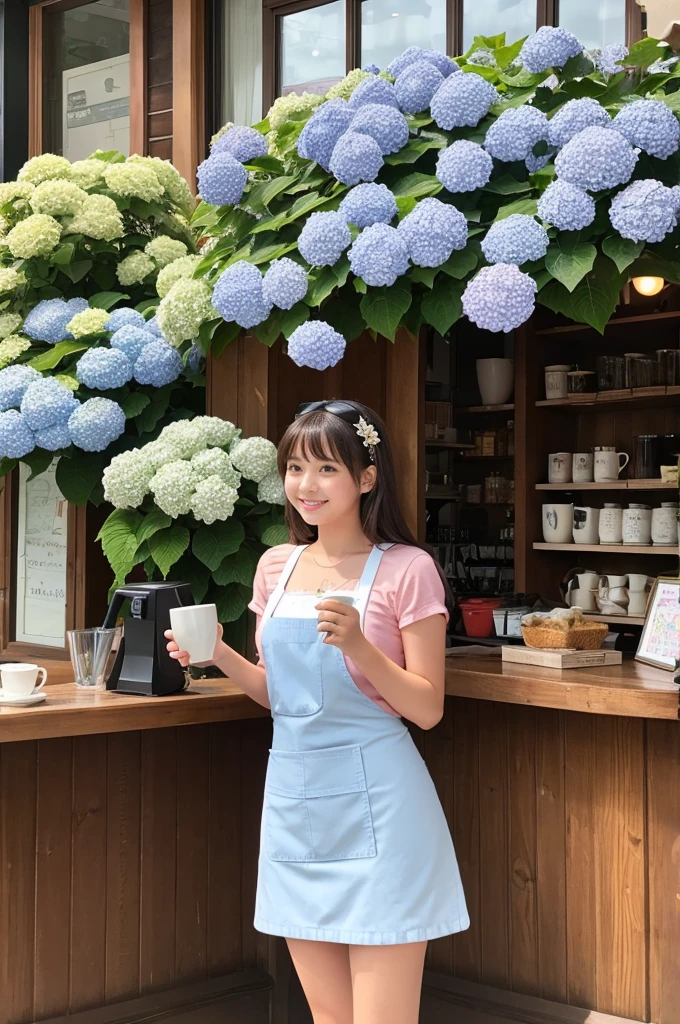 A 20-year-old girl working at a coffee shop surrounded by blooming hydrangeas(Wearing a miniskirt and apron)